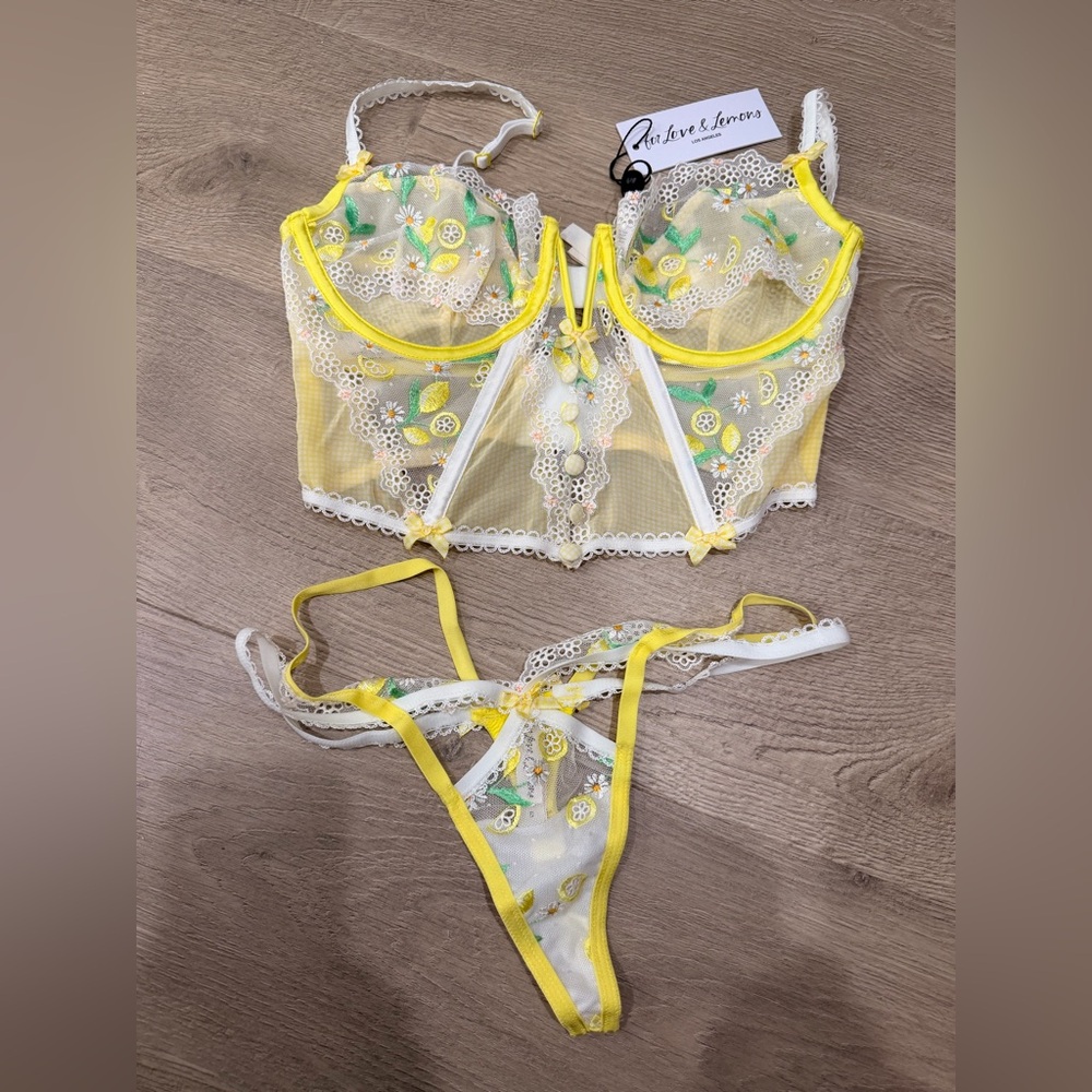 For Love And Lemons Yellow and White Lace Bra Set